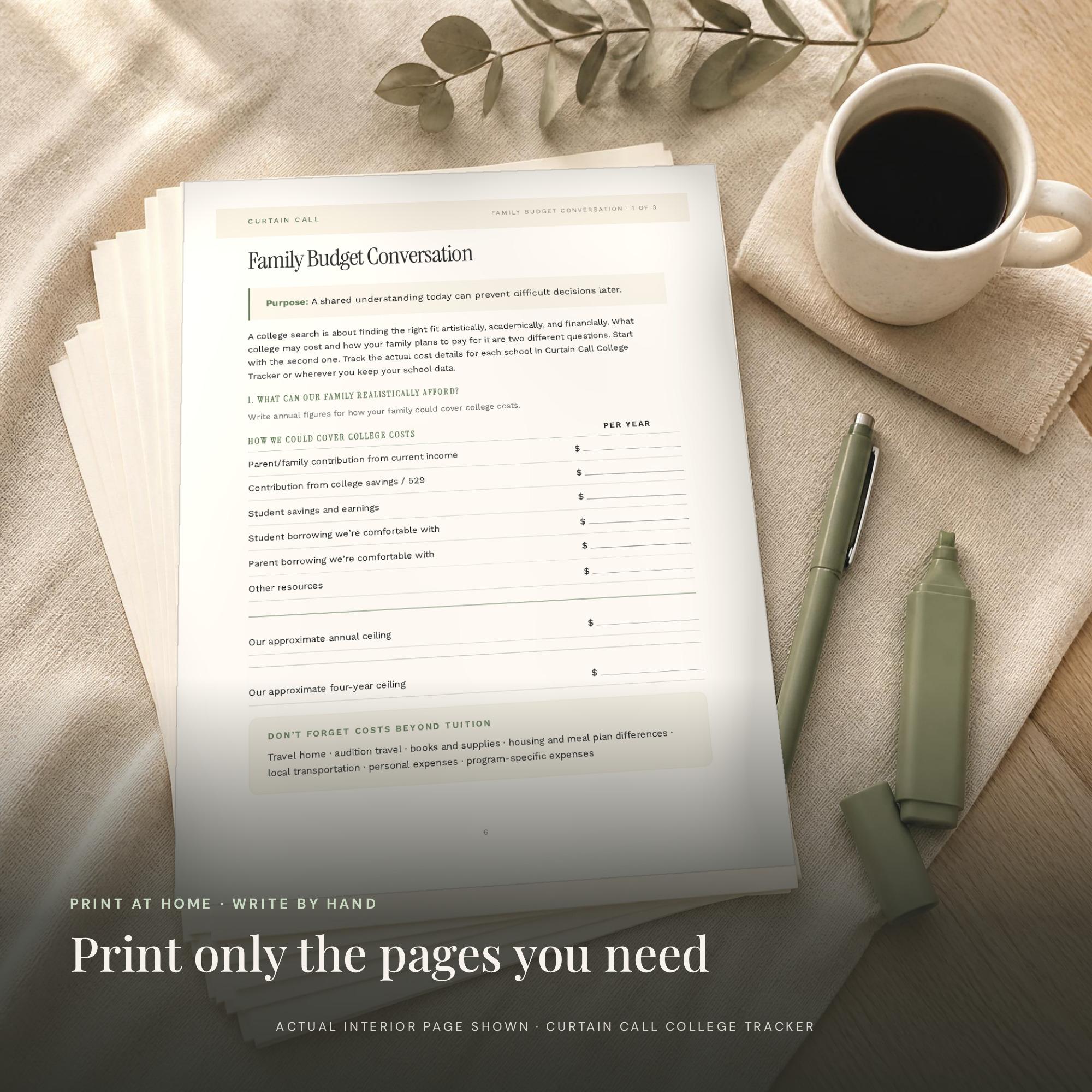 Printed workbook pages on a desk