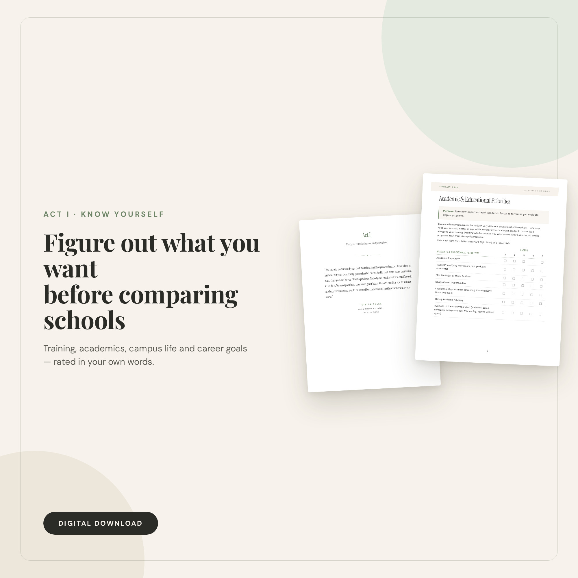 Artistic, academic, campus, and career priorities worksheets