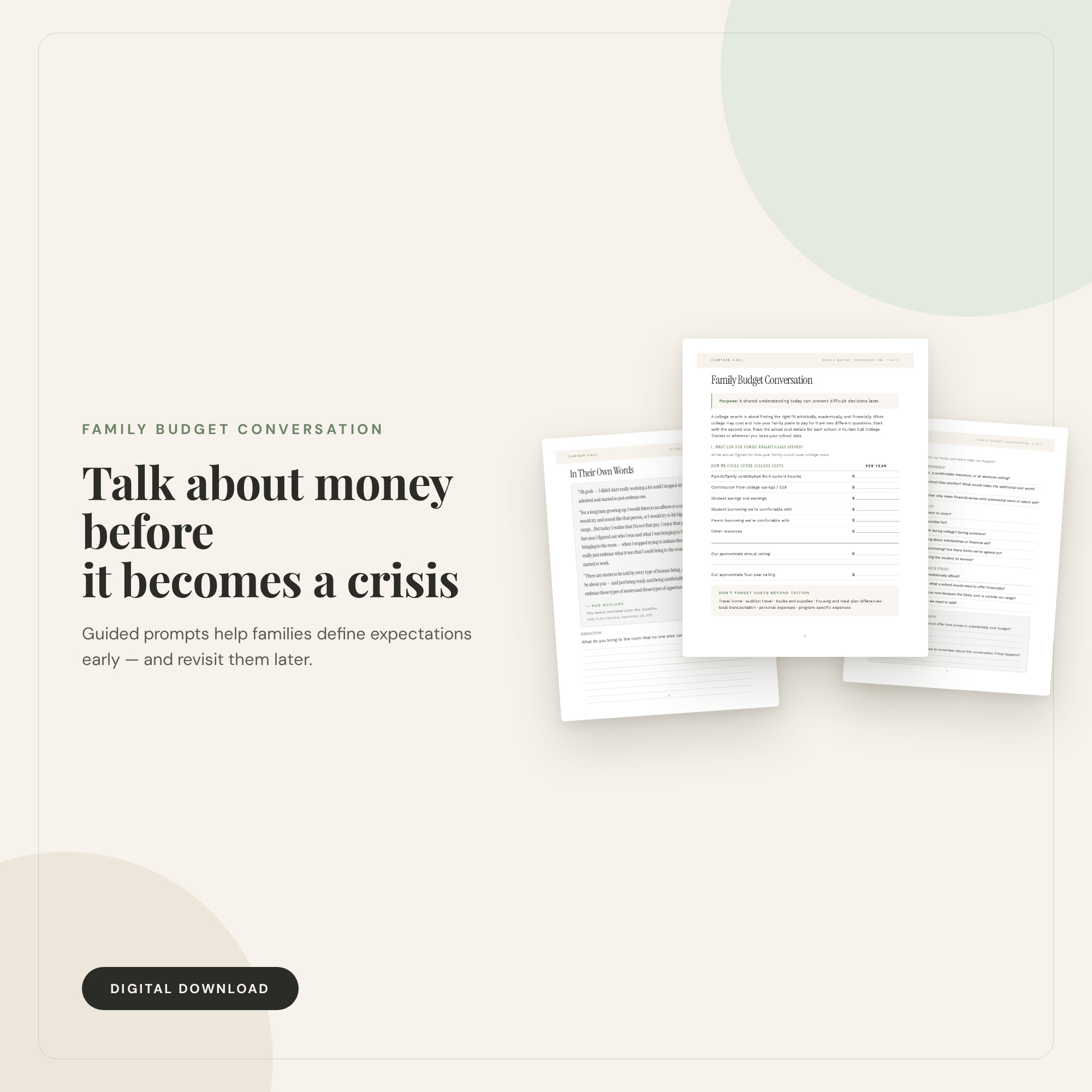 Family Budget Conversation worksheet pages